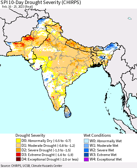 Southern Asia SPI 10-Day Drought Severity (CHIRPS) Thematic Map For 2/16/2023 - 2/25/2023