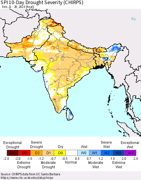 Southern Asia SPI 10-Day Drought Severity (CHIRPS) Thematic Map For 2/21/2023 - 2/28/2023