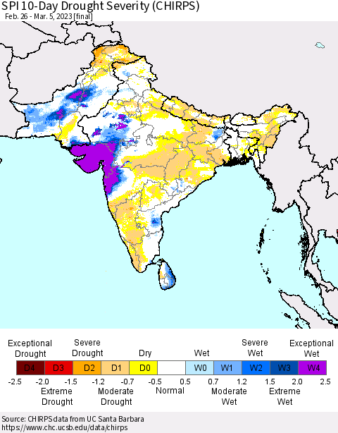 Southern Asia SPI 10-Day Drought Severity (CHIRPS) Thematic Map For 2/26/2023 - 3/5/2023