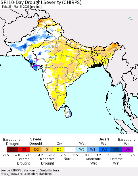 Southern Asia SPI 10-Day Drought Severity (CHIRPS) Thematic Map For 2/26/2023 - 3/5/2023