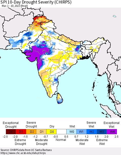 Southern Asia SPI 10-Day Drought Severity (CHIRPS) Thematic Map For 3/1/2023 - 3/10/2023