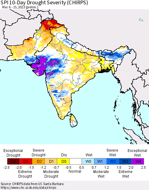 Southern Asia SPI 10-Day Drought Severity (CHIRPS) Thematic Map For 3/6/2023 - 3/15/2023
