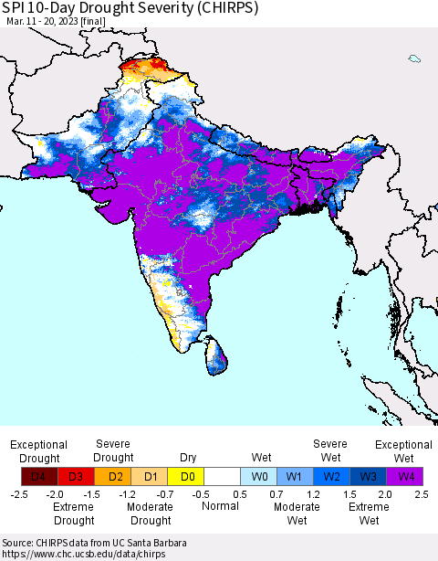 Southern Asia SPI 10-Day Drought Severity (CHIRPS) Thematic Map For 3/11/2023 - 3/20/2023