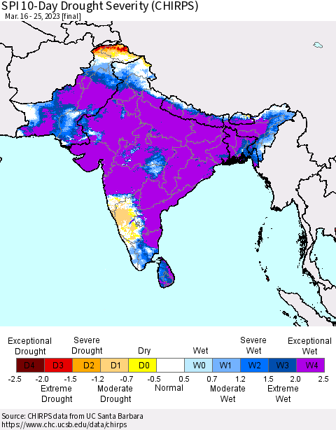 Southern Asia SPI 10-Day Drought Severity (CHIRPS) Thematic Map For 3/16/2023 - 3/25/2023