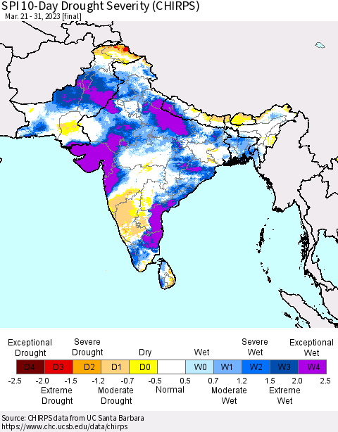 Southern Asia SPI 10-Day Drought Severity (CHIRPS) Thematic Map For 3/21/2023 - 3/31/2023