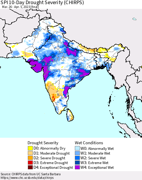 Southern Asia SPI 10-Day Drought Severity (CHIRPS) Thematic Map For 3/26/2023 - 4/5/2023