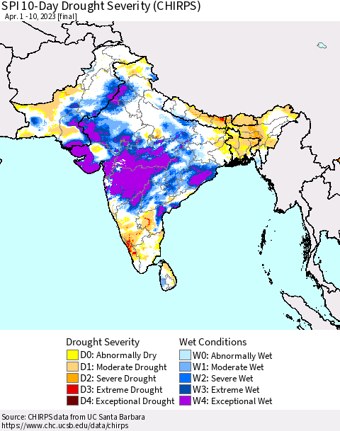 Southern Asia SPI 10-Day Drought Severity (CHIRPS) Thematic Map For 4/1/2023 - 4/10/2023