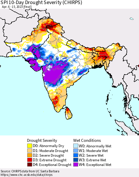 Southern Asia SPI 10-Day Drought Severity (CHIRPS) Thematic Map For 4/6/2023 - 4/15/2023
