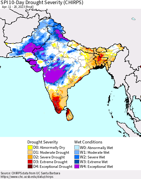 Southern Asia SPI 10-Day Drought Severity (CHIRPS) Thematic Map For 4/11/2023 - 4/20/2023
