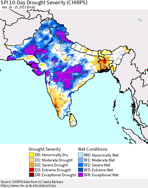Southern Asia SPI 10-Day Drought Severity (CHIRPS) Thematic Map For 4/16/2023 - 4/25/2023