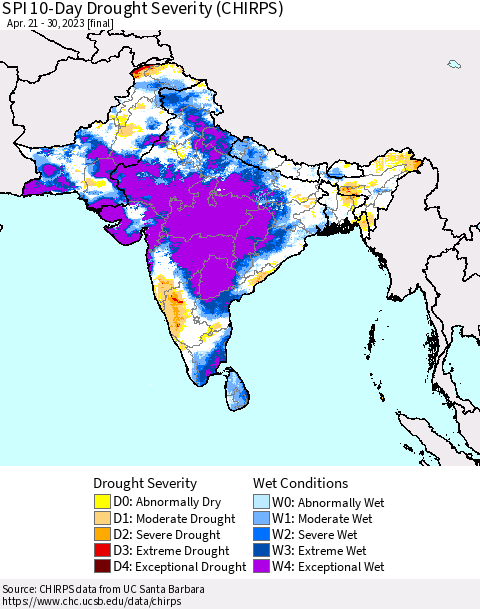 Southern Asia SPI 10-Day Drought Severity (CHIRPS) Thematic Map For 4/21/2023 - 4/30/2023