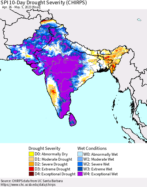 Southern Asia SPI 10-Day Drought Severity (CHIRPS) Thematic Map For 4/26/2023 - 5/5/2023