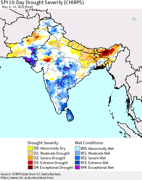 Southern Asia SPI 10-Day Drought Severity (CHIRPS) Thematic Map For 5/6/2023 - 5/15/2023
