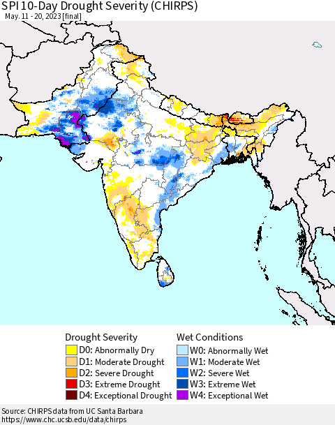 Southern Asia SPI 10-Day Drought Severity (CHIRPS) Thematic Map For 5/11/2023 - 5/20/2023
