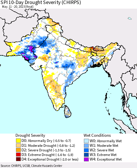 Southern Asia SPI 10-Day Drought Severity (CHIRPS) Thematic Map For 5/11/2023 - 5/20/2023