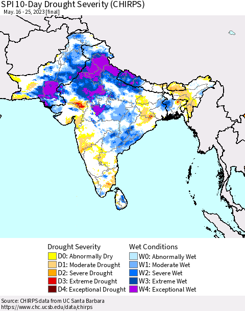 Southern Asia SPI 10-Day Drought Severity (CHIRPS) Thematic Map For 5/16/2023 - 5/25/2023