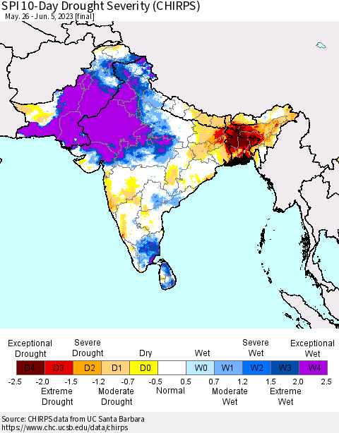 Southern Asia SPI 10-Day Drought Severity (CHIRPS) Thematic Map For 5/26/2023 - 6/5/2023