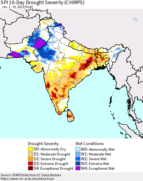 Southern Asia SPI 10-Day Drought Severity (CHIRPS) Thematic Map For 6/1/2023 - 6/10/2023