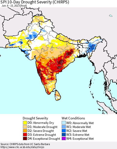 Southern Asia SPI 10-Day Drought Severity (CHIRPS) Thematic Map For 6/6/2023 - 6/15/2023