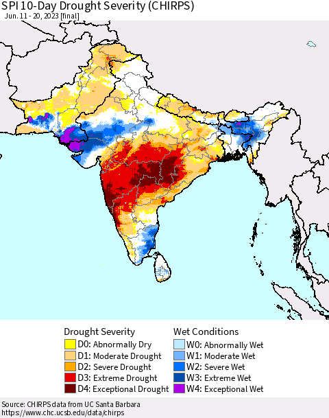 Southern Asia SPI 10-Day Drought Severity (CHIRPS) Thematic Map For 6/11/2023 - 6/20/2023