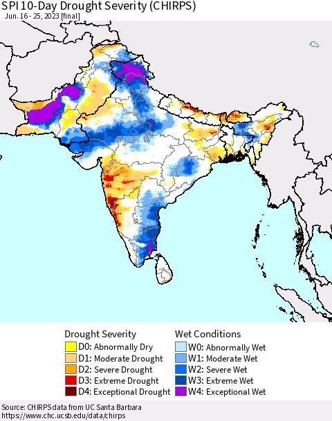 Southern Asia SPI 10-Day Drought Severity (CHIRPS) Thematic Map For 6/16/2023 - 6/25/2023
