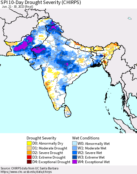 Southern Asia SPI 10-Day Drought Severity (CHIRPS) Thematic Map For 6/21/2023 - 6/30/2023