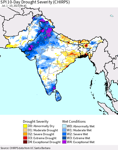 Southern Asia SPI 10-Day Drought Severity (CHIRPS) Thematic Map For 7/1/2023 - 7/10/2023