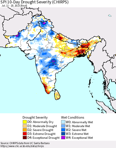 Southern Asia SPI 10-Day Drought Severity (CHIRPS) Thematic Map For 7/11/2023 - 7/20/2023