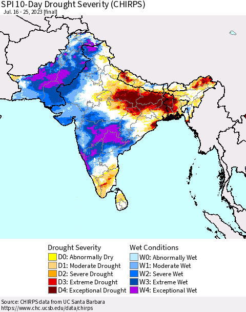 Southern Asia SPI 10-Day Drought Severity (CHIRPS) Thematic Map For 7/16/2023 - 7/25/2023