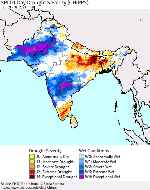 Southern Asia SPI 10-Day Drought Severity (CHIRPS) Thematic Map For 7/21/2023 - 7/31/2023