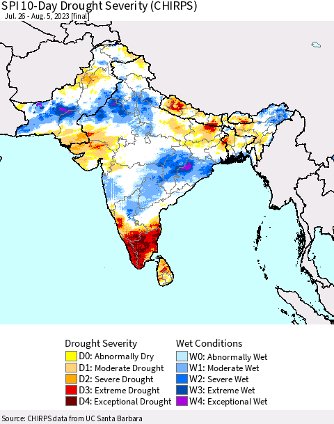 Southern Asia SPI 10-Day Drought Severity (CHIRPS) Thematic Map For 7/26/2023 - 8/5/2023