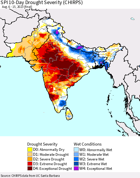 Southern Asia SPI 10-Day Drought Severity (CHIRPS) Thematic Map For 8/6/2023 - 8/15/2023