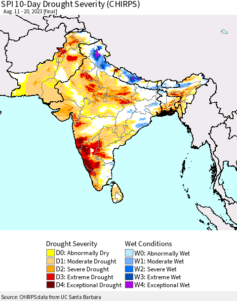 Southern Asia SPI 10-Day Drought Severity (CHIRPS) Thematic Map For 8/11/2023 - 8/20/2023
