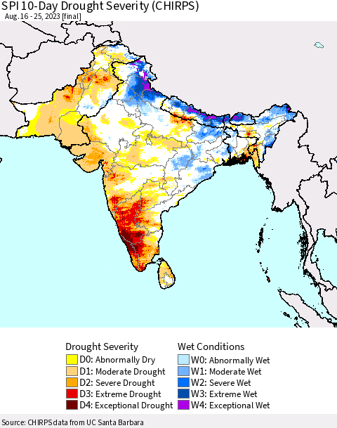 Southern Asia SPI 10-Day Drought Severity (CHIRPS) Thematic Map For 8/16/2023 - 8/25/2023