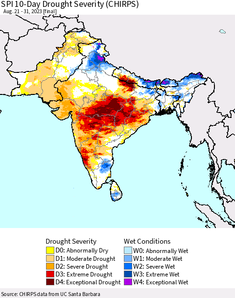 Southern Asia SPI 10-Day Drought Severity (CHIRPS) Thematic Map For 8/21/2023 - 8/31/2023