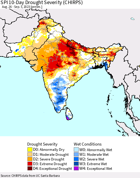 Southern Asia SPI 10-Day Drought Severity (CHIRPS) Thematic Map For 8/26/2023 - 9/5/2023