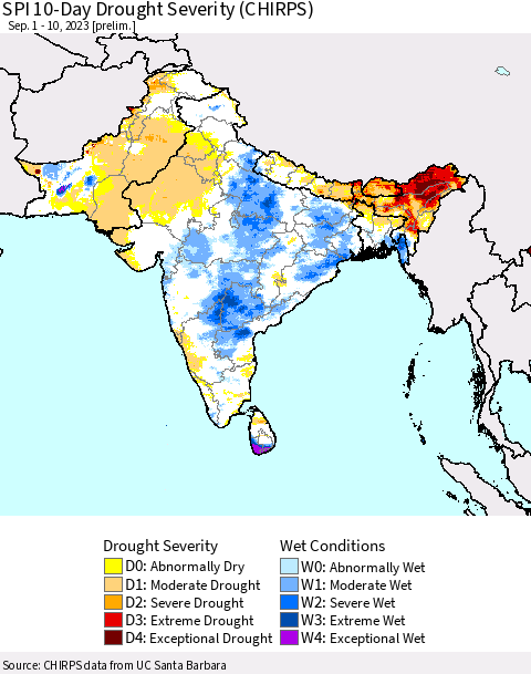 Southern Asia SPI 10-Day Drought Severity (CHIRPS) Thematic Map For 9/1/2023 - 9/10/2023