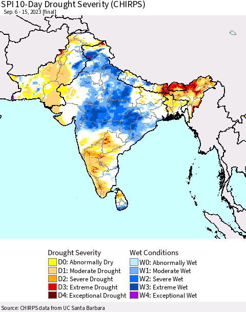Southern Asia SPI 10-Day Drought Severity (CHIRPS) Thematic Map For 9/6/2023 - 9/15/2023