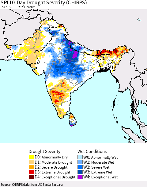 Southern Asia SPI 10-Day Drought Severity (CHIRPS) Thematic Map For 9/6/2023 - 9/15/2023