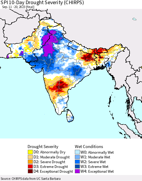 Southern Asia SPI 10-Day Drought Severity (CHIRPS) Thematic Map For 9/11/2023 - 9/20/2023