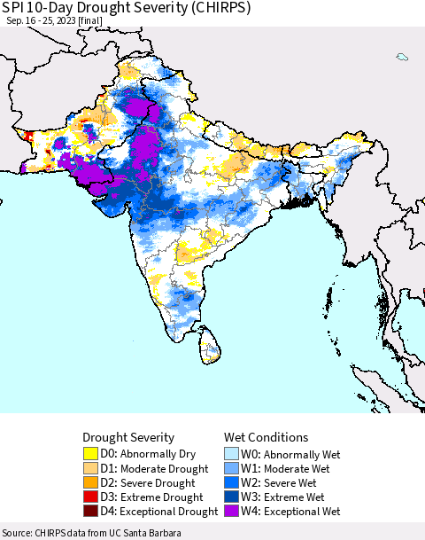 Southern Asia SPI 10-Day Drought Severity (CHIRPS) Thematic Map For 9/16/2023 - 9/25/2023