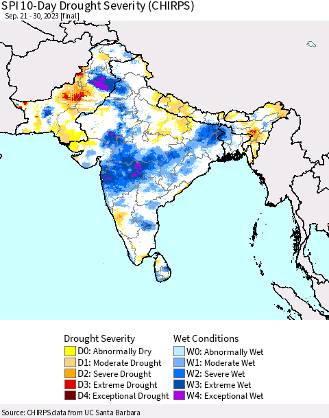 Southern Asia SPI 10-Day Drought Severity (CHIRPS) Thematic Map For 9/21/2023 - 9/30/2023