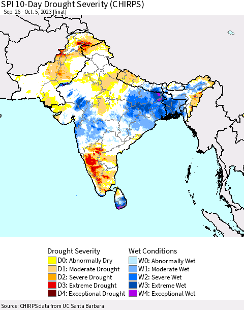 Southern Asia SPI 10-Day Drought Severity (CHIRPS) Thematic Map For 9/26/2023 - 10/5/2023