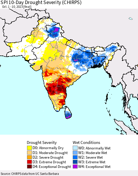 Southern Asia SPI 10-Day Drought Severity (CHIRPS) Thematic Map For 10/1/2023 - 10/10/2023