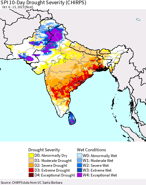 Southern Asia SPI 10-Day Drought Severity (CHIRPS) Thematic Map For 10/6/2023 - 10/15/2023
