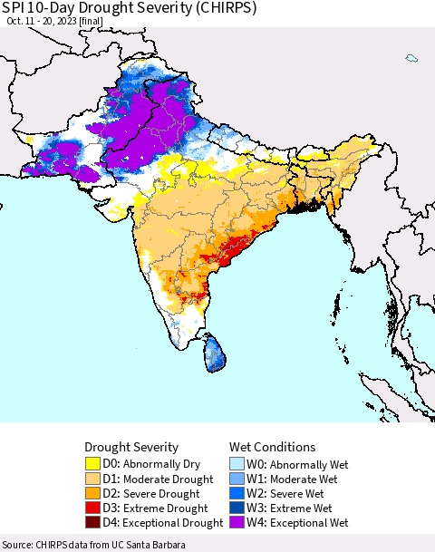 Southern Asia SPI 10-Day Drought Severity (CHIRPS) Thematic Map For 10/11/2023 - 10/20/2023