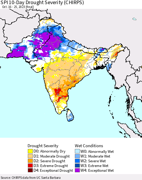 Southern Asia SPI 10-Day Drought Severity (CHIRPS) Thematic Map For 10/16/2023 - 10/25/2023