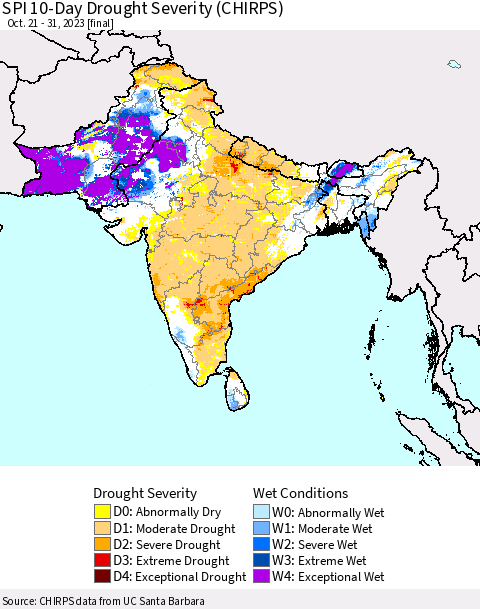 Southern Asia SPI 10-Day Drought Severity (CHIRPS) Thematic Map For 10/21/2023 - 10/31/2023