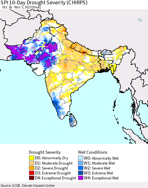 Southern Asia SPI 10-Day Drought Severity (CHIRPS) Thematic Map For 10/26/2023 - 11/5/2023