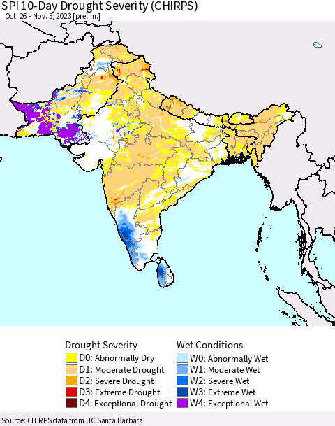 Southern Asia SPI 10-Day Drought Severity (CHIRPS) Thematic Map For 10/26/2023 - 11/5/2023